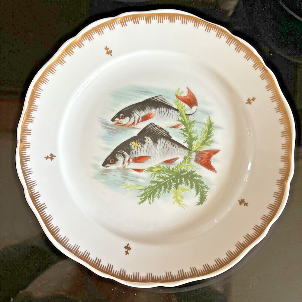 Hand Painted Fish Pattern Porcelain Dinner Plate Made In France Gold Gilt Rim